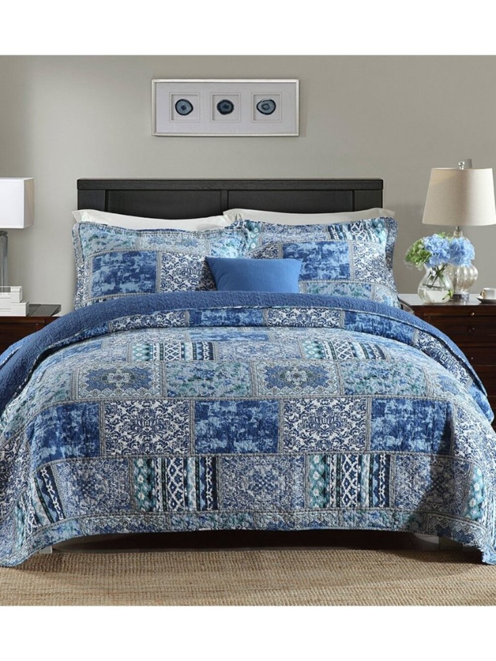 Cotton Bedspread Quilt Sets-Reversible Patchwork Coverlet Set, Blue Classic